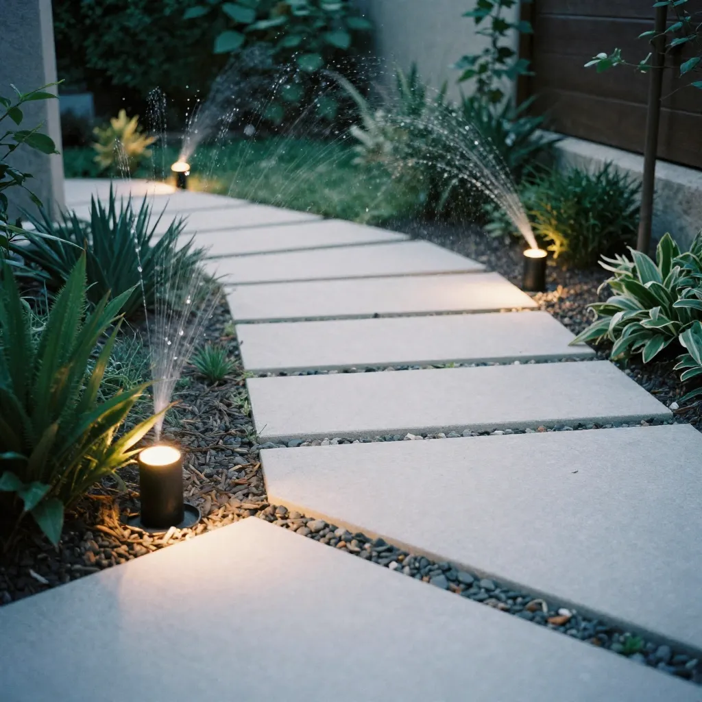 Lush garden with integrated lighting